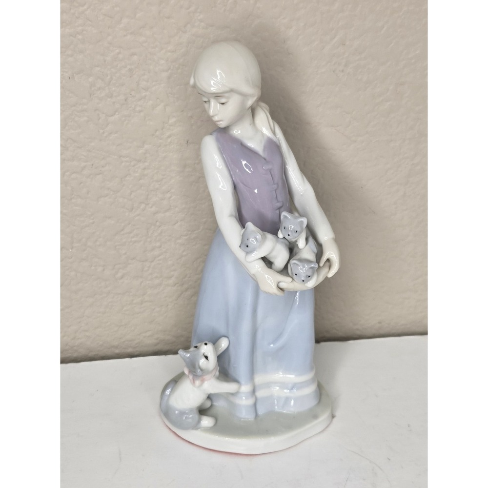 Lladro Vintage Porcelain Girl with Kittens Figurine Pastel Blue Lavender